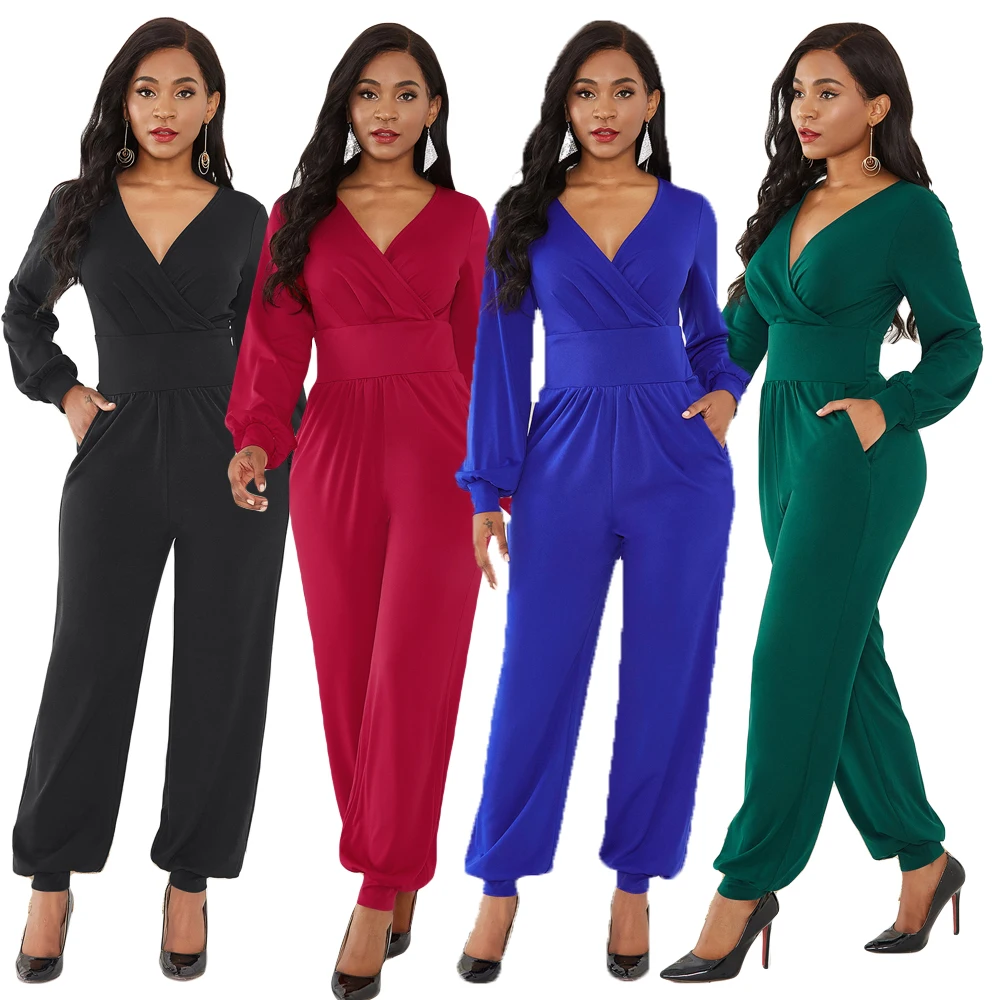 Женский комбинезон с длинным рукавом и высокой талией глубоким V образным