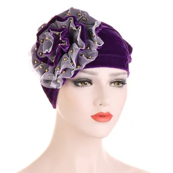 

2019 new velvet hijab caps lace flower turban bonnet for woman golden pearl wrap head Inner hijabs trendy muslim headdress