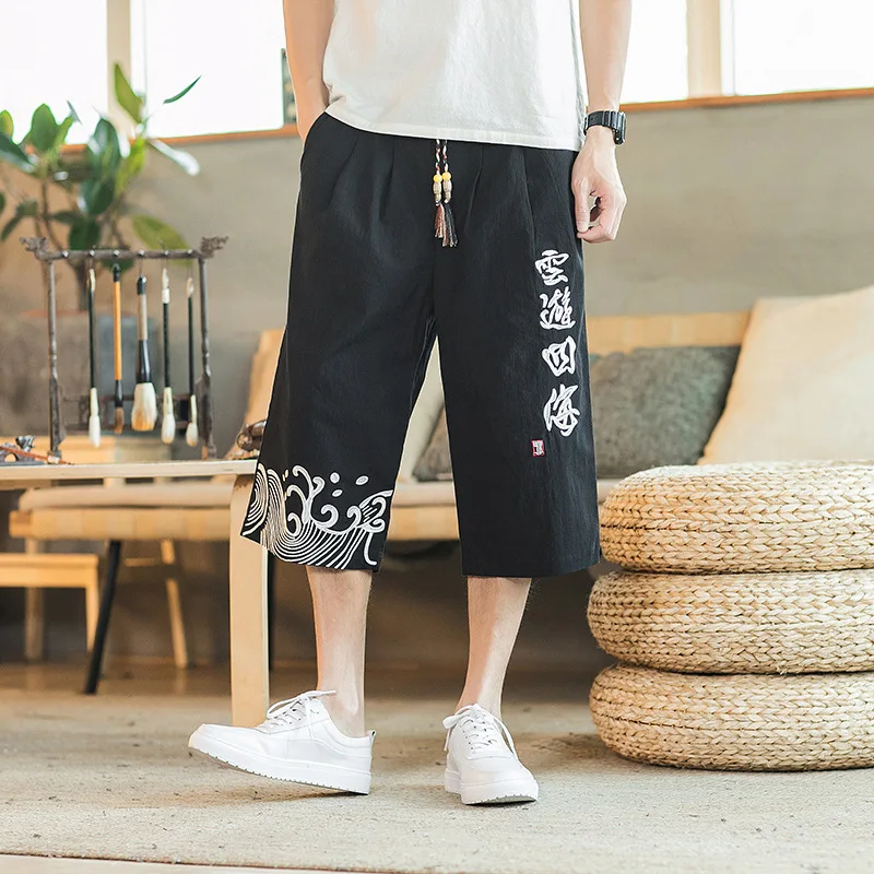 

#0695 Summer Thin Vintage Cotton Linen Wide Leg Pants Men Black Embroidery Loose Elastic Waist Plus Size 5XL Japanese Streetwear