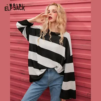

ELFSACK Apricot Striped Knit Loose Casual Pullover Sweater Women 2020 Spring Black Colorblock Korean Long Sleeve Girly Daily Top