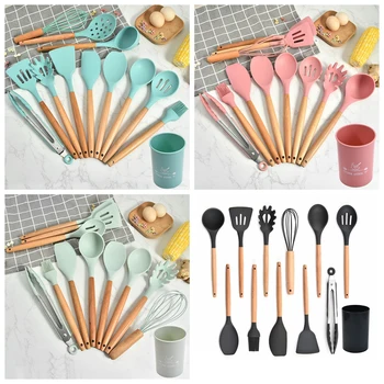 

Silicone Kitchenware Cooking Utensils Set Storage Box Turner Tongs Spatula Soup Spoon Heat Resistant Non-Stick Kitchen Tool