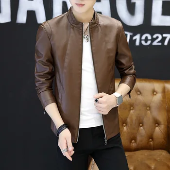 

2020 Men's New Autumn Cultivation Stand Collar Leather Jacket Youth Handsome Solid Color Stitching Leather