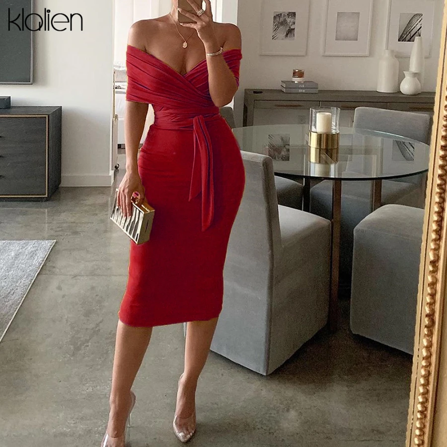 KLALIEN Autumn Elegant stretch Slim off shoulder midi Dress women fall winter Sexy club Party night Strapless bodycon Dress