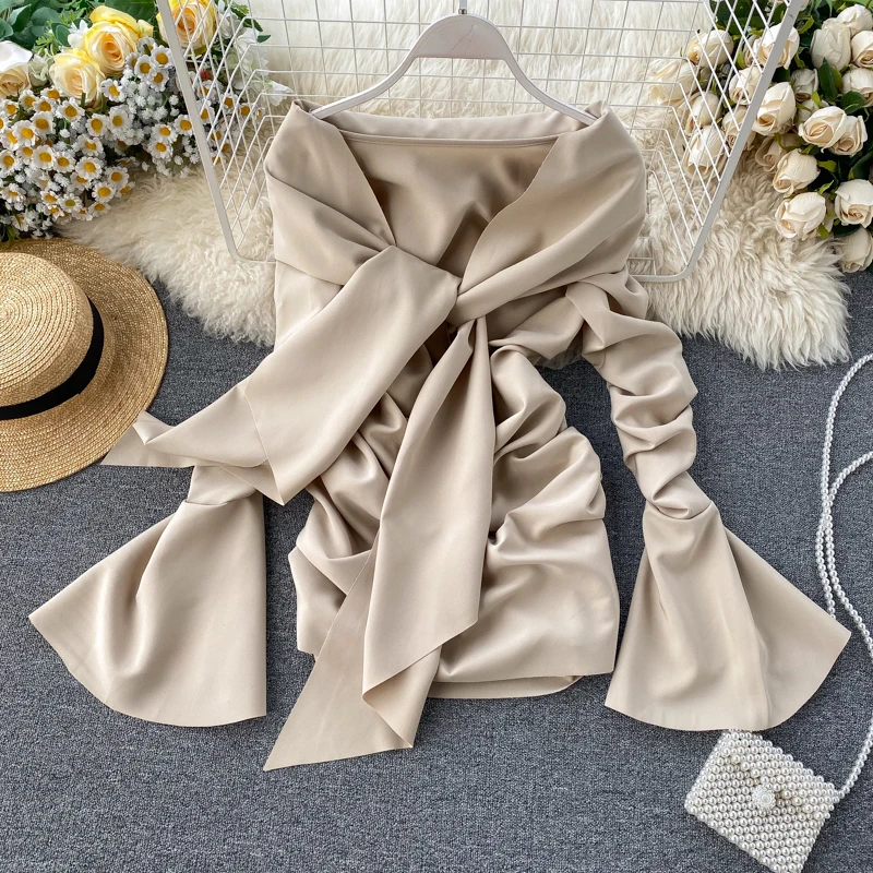 Spring Autumn Vintage Women Blouse Runway Designer Flare Long Sleeve Turtleneck Shirts Tops For Female Fashion