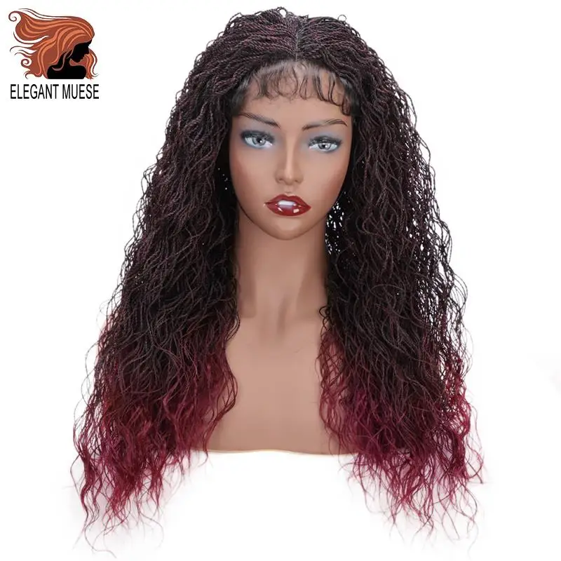 

ELEGANT MUSES Synthetic Senegalese Twist Curly Braid Wig Lace Front Wig for Women Crochet Twist Braiding Hair Ombre Burgundy
