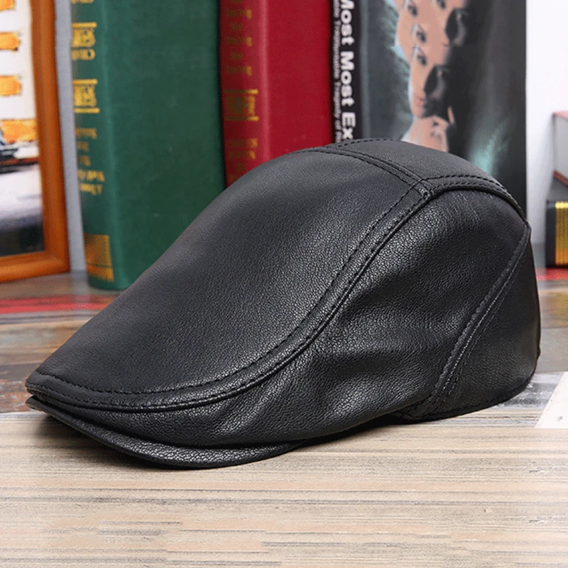 

Flat Cap Real Leather Black Brown Male Female Beret Hat Cowhide Genuine Leather Women's Men's Duckbill Autumn Winter Gatsby Cap