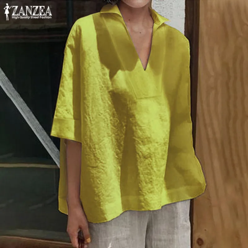Женские летние блузки-топы ZANZEA элегантные рубашки с рукавом 3/4 Женские однотонные блузки с v-образным вырезом Повседневная Женская сорочка Плюс размер туника