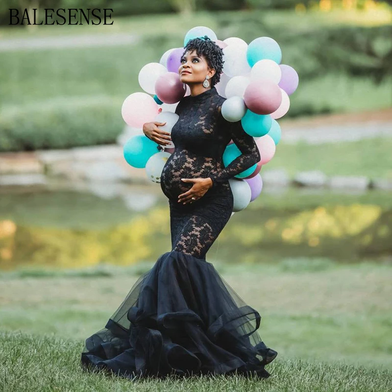 Платье макси для беременных Платья фотосессии женщин с длинным рукавом черные