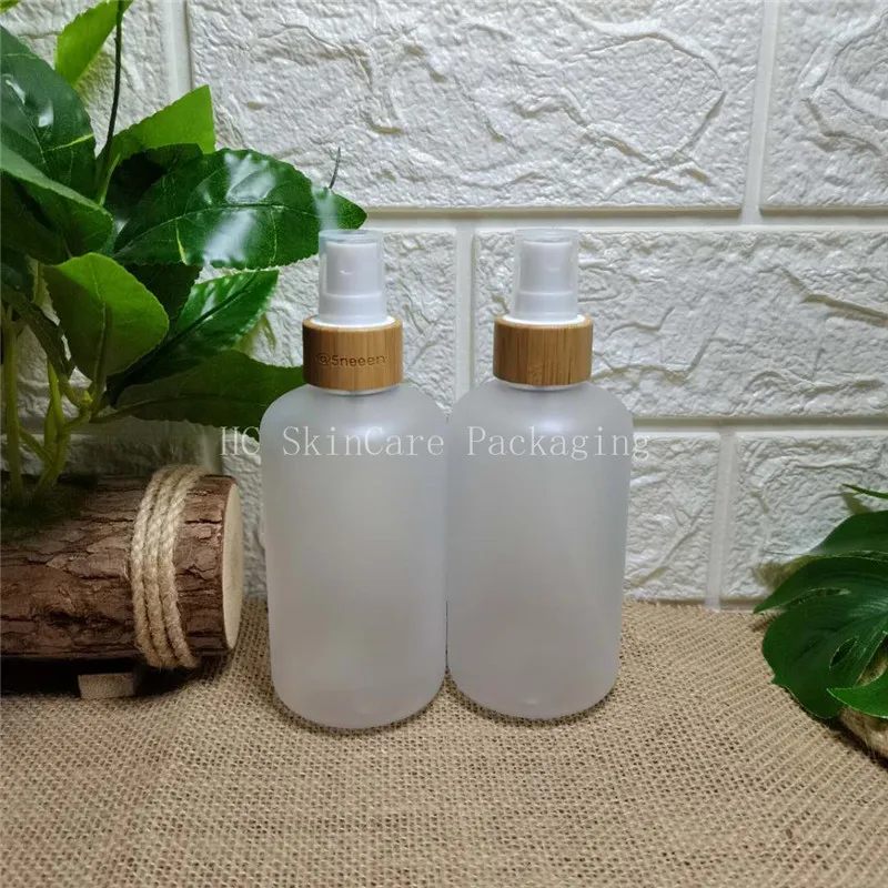 spray bottles wholesale 250ml transparent frosted plastic bottle Environmental bamboo lid glass bottles empty cosmetic container frosted plastic transparent pvc calling name business cards