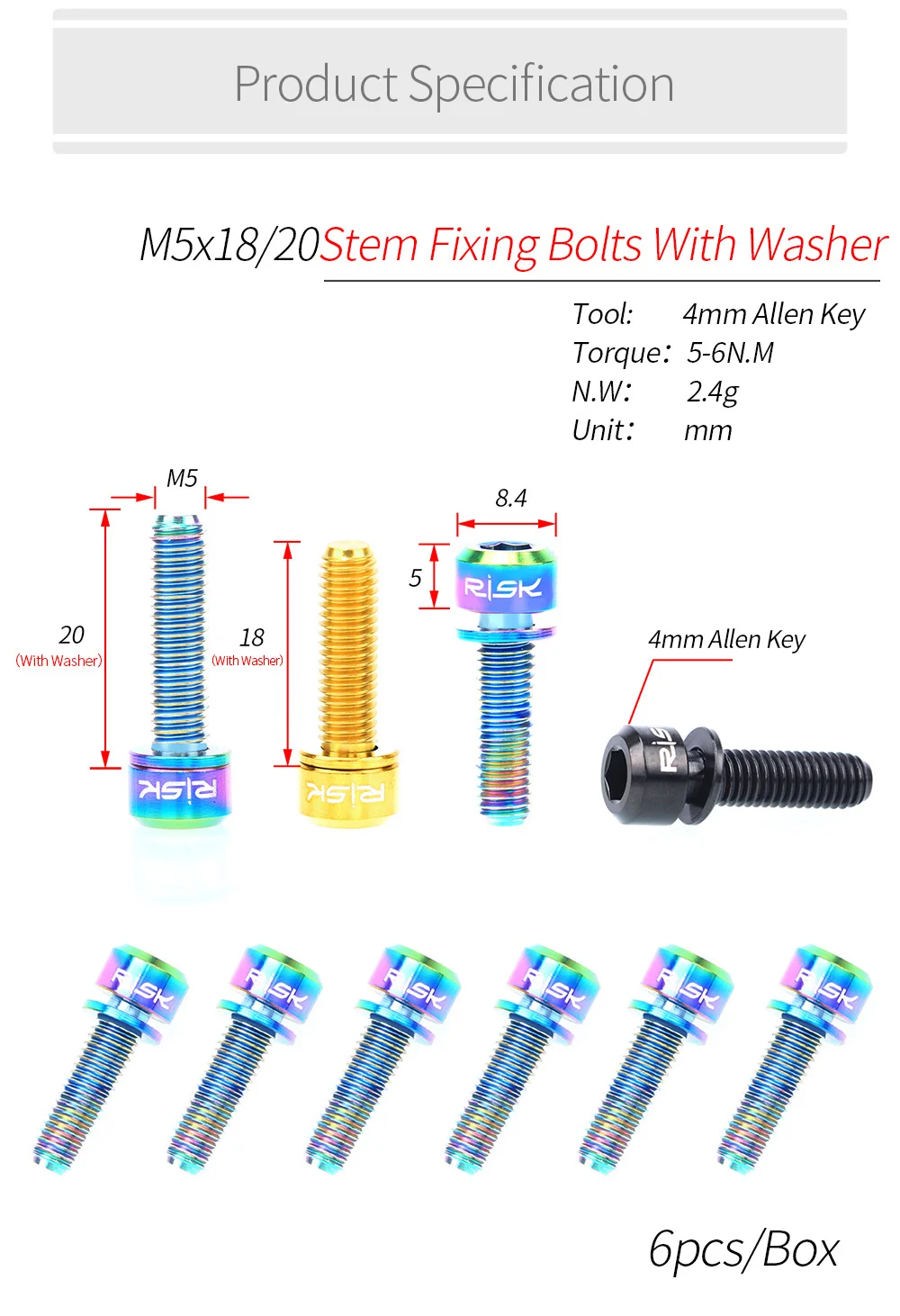 RISK, 6 шт., Горный Дорожный велосипед M5x18/20, крепление руля, велосипедные болты, передняя вилка, фиксированные винты с шайбами из титанового сплава