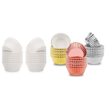 

300Pcs Foil Cupcake Liners Muffin Paper Cases Gold Silver Rose Gold & 400Pcs White Cupcake Liners Greaseproof Paper