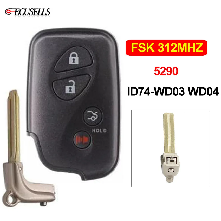 3+ 1/4 кнопки дистанционного смарт Ключи FSK312MHz-5290-ID74-WD03 WD04 с TOY48 Аварийный ключ для Lexus Crown 2010 2011 2012 2013