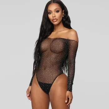 

JAYCOSIN Off Shooulder lace Fishnet Rhinestone bodysuit transparent female body hot sexy teddies 2019 jumpsuits women bodysuits