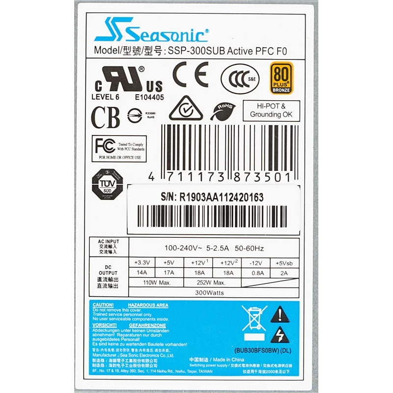 Блок питания Seasonic Flex ATX 300W SSP-300SUB 80+ gold(24+4+4pin) APFC 40mm fan 3xSATA Cab Manag