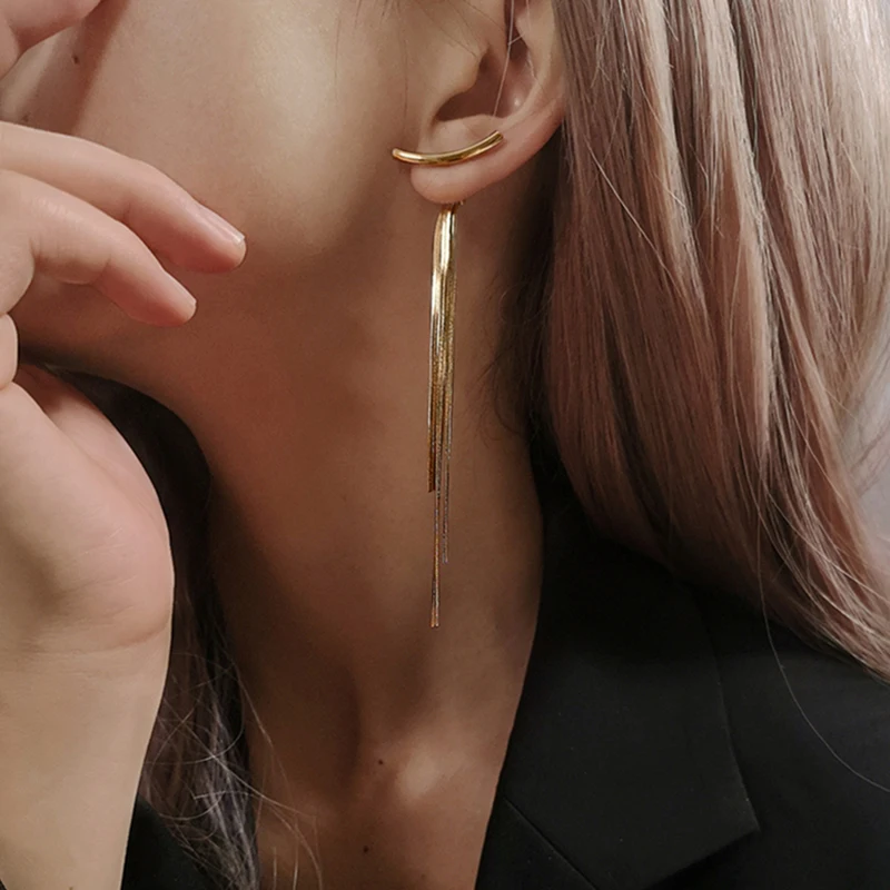 Vintage Gold Color Bar Long Thread Tassel Drop Earrings for Women Glossy Arc Geometric Korean Earring Fashion Jewelry 2020 New
