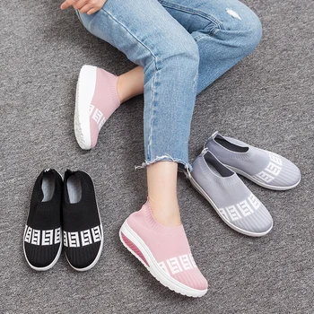 

Low top socks sneakers flat shoes women's breathable fly woven casual shoes outdoor walking shoes plus size
