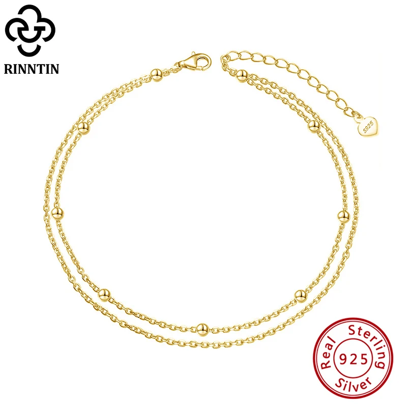Rinntin 925 Silver Double Layered Satellite Chain Anklet for Women Summer Foot Chain Bracelet Fashion Ankle Straps Jewelry SA14
