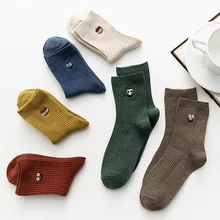 5 пар/забавные женские носки с двойной вышивкой, 80% хлопок, Осень-зима, длинные милые, 8 цветов, BDW020