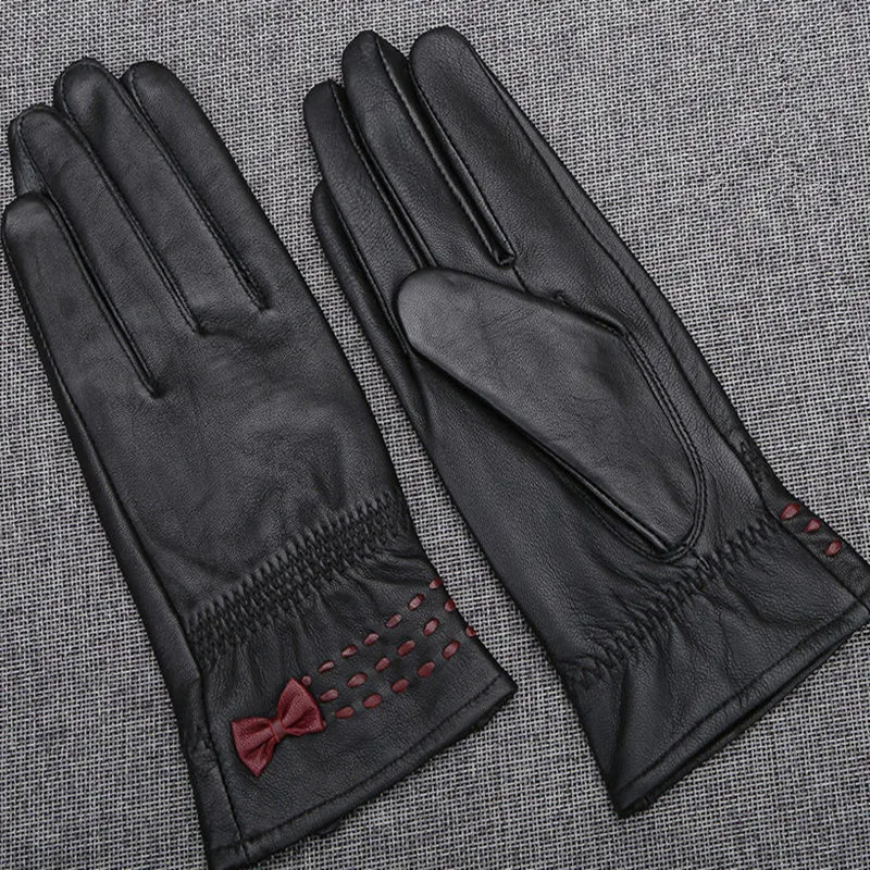 not plus velvet Женские перчатки из овечьей кожи, новинка, модные, с бантом, с бархатной подкладкой, толстые, зимние, теплые, женские перчатки - Цвет: not plus velvet