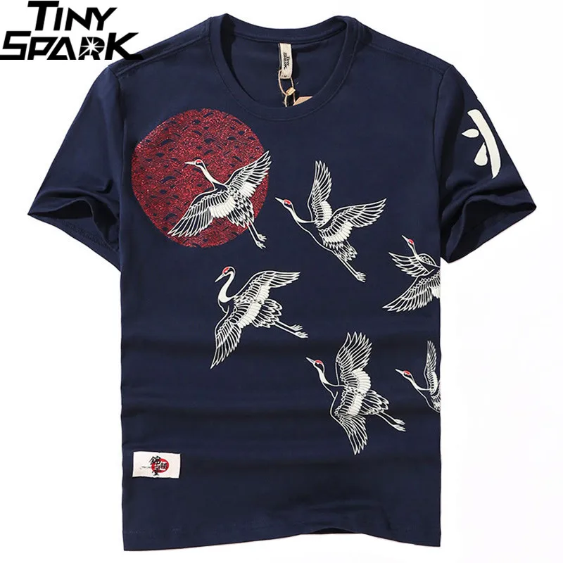 Koop 2019 Japanse Streetwear T shirt Crane Zon Print Mens Harajuku T Shirt Zomer Hip Hop Tshirt Katoen Korte Mouw Tops Tees zwart