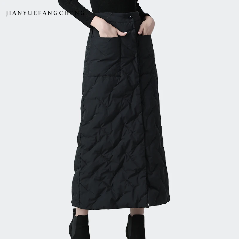 

Fashion Ankle-length Black Duck Down Skirt Women High Waist A-Line Warm Thicken Winter Skirts Loose Plus Size Ladies Long Skirts
