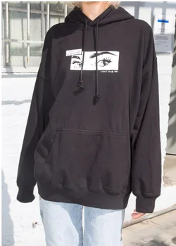 

2019 autumn and winter eye print women plus velvet thickening tide Korean version of the loose hooded lazy wind