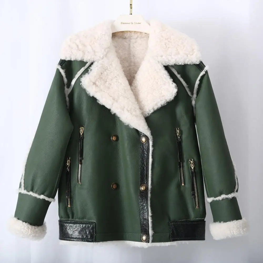 

2020 New Women Green Color Iceland Lamb Shearling Fur Coats Loose Style Winter Comfortable Real Fur Jackets