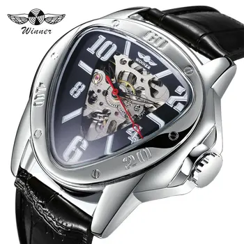 

WINNER Fashion Creative Men Skeleton Auto Mechanical Watch Leather Strap Inverted Triangle Shaped Case Dial Cool Style Best Gift