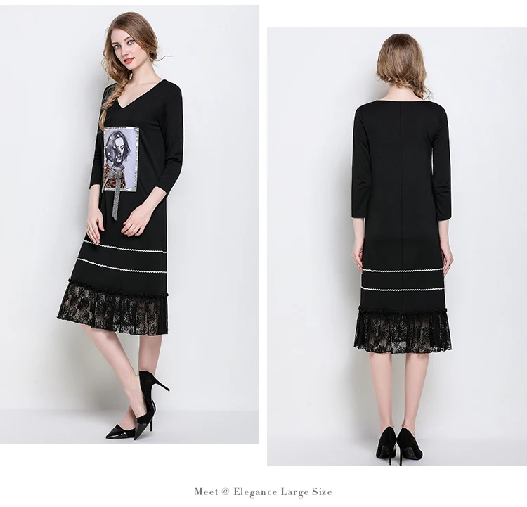 Autumn Lace Patchwork Dress Women Plus Size 5xl Casual Black V-neck Three Quarter Sleeve Spring Office Party Dress Vestidos Robe
