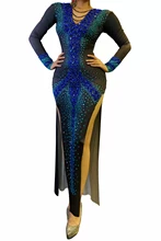 Autumn New Mesh Gem gem chain long-sleeved dress dress split Skirt Party Party Party party exclusive clothing