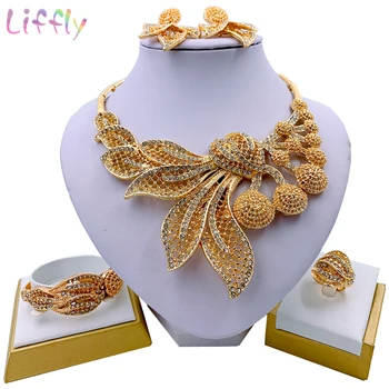 

Dubai Fashion Jewelry Sets Leaf Necklace Gold Bracelet Party Women Clover Earrings Wedding Crystal Ring Jewelry