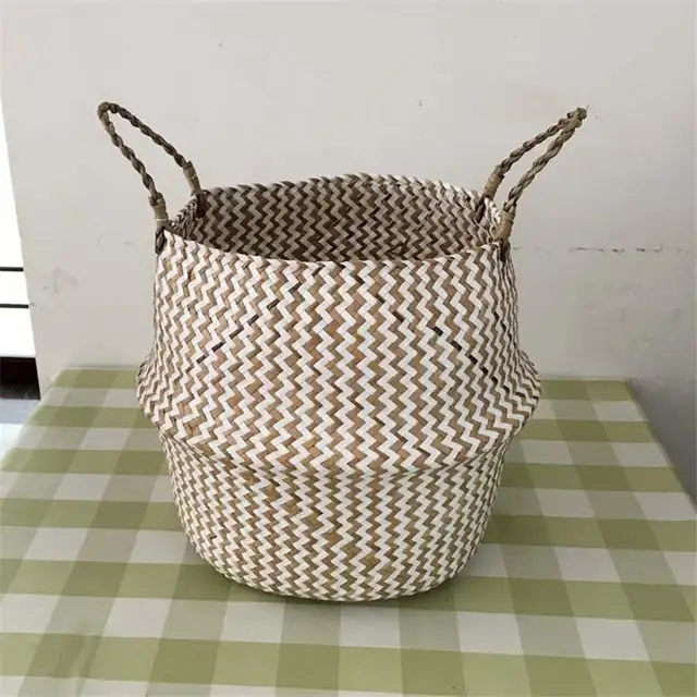 Összecsukható, Kézzel Készített Tengeri Fű Virág Edény Tároló Fonott Kosár Rattan Szalma Otthoni Kerti Hullámminta Ültetvényes Edények Mosodai - Image 5