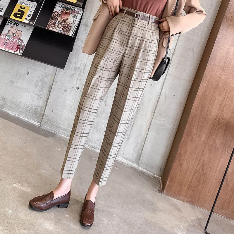 khaki Высокого качества в стиле Harajuku штаны-шаровары в клетку Для женщин с высокой талией с карманами штаны с поясом в Корейском стиле уличные брюки Для женщин pantalon mujer - Цвет: khaki