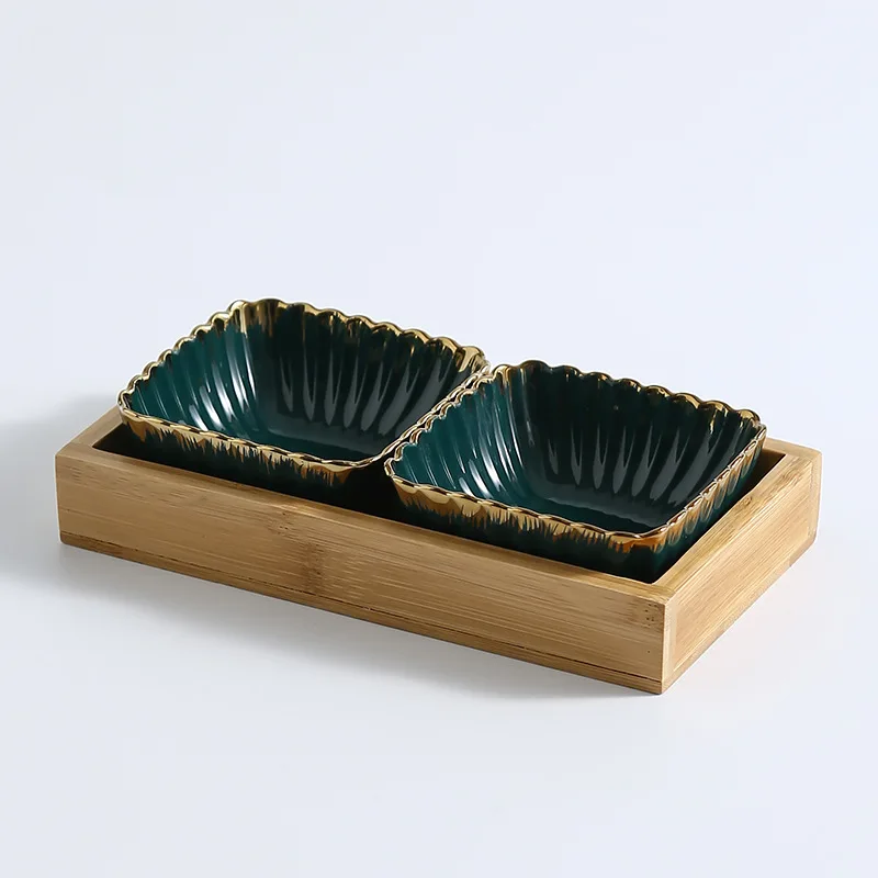 2 dish set Зеленый золотой ободок керамическое блюдо фрукты блюдо Творческий фарфор закуски десерт тарелка натуральный бамбук поднос держатель посуда - Цвет: 2 dish set