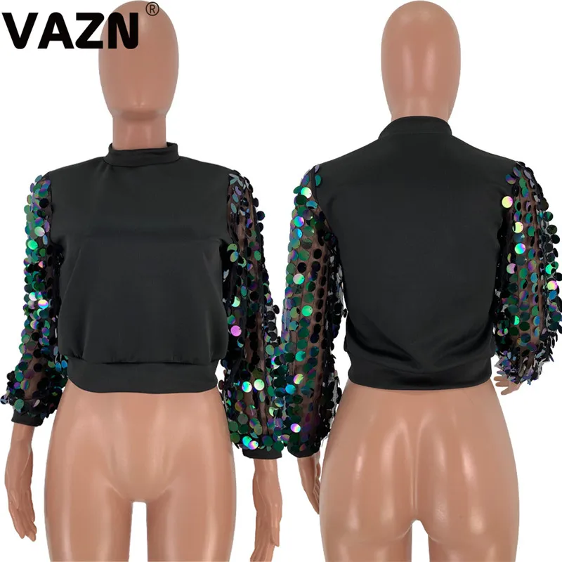 VAZN FNN8306, высокое качество,, Хит, расшитые блестками цвета, Тонкий Топ, женский, полный рукав, o-образный вырез, расшитый блестками, футболка, сексуальная, для девушек, Сращивание, Повседневная футболка