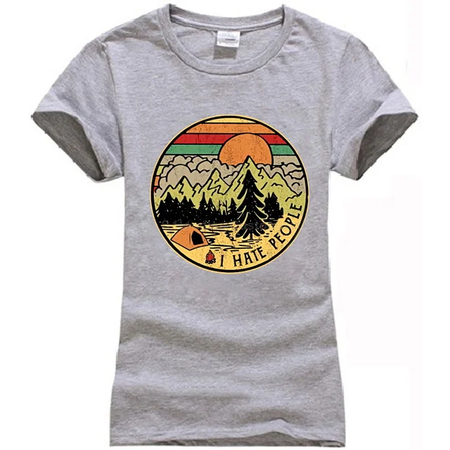 Women gray Camping I Hate People I Love Camping Винтажная футболка Черная Хлопковая мужская мультяшная Футболка Мужская Унисекс Новая модная свободная футболка - Цвет: Women gray