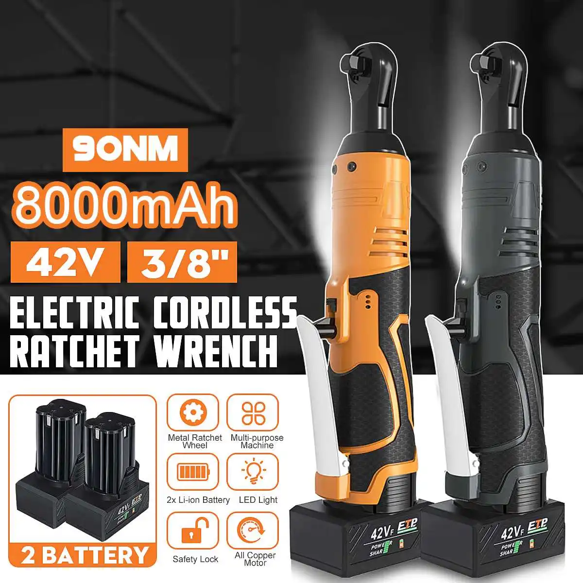 

42V 3/8'' 90Nm Electric Cordless LED Ratchet Wrench Rechargeable Scaffolding Electric Wrench Angle Wrench Tool + 2Pcs Battery