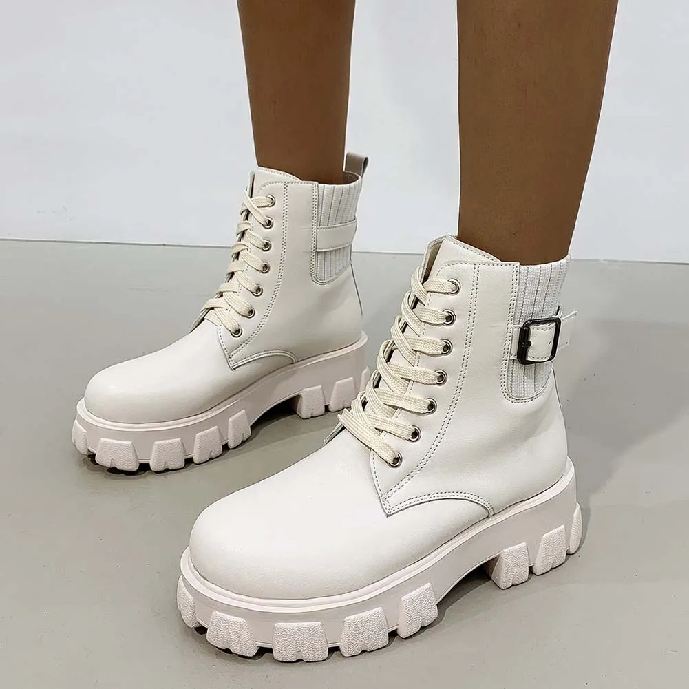 New Arrival Female Solid Platform Lace Up Ankle Shoes Women Boots Fashion  Cool Chunky Heel Design Boots