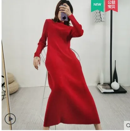 HOT SELLING spring miyake pleated one-piece dress medium-long stand collar long sleeve dress IN STOCK
