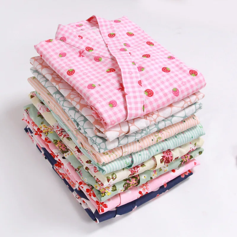 Women Japanese Kimono Traditional Pure Cotton Bathrobe Night Dress Sweet Printing Thin Long Sleeve Cardigan Yukata Home Clothes