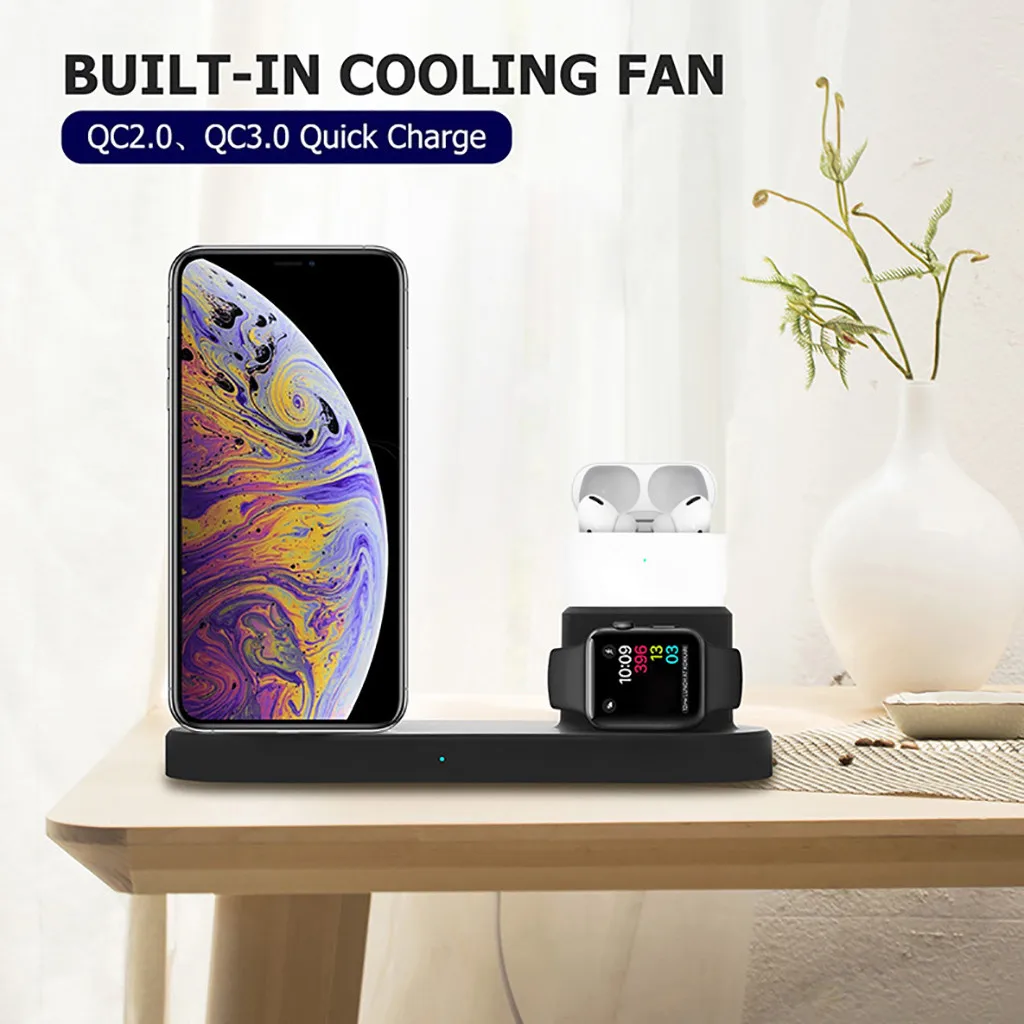 Купить 3в1 10 Вт Qi Беспроводное зарядное устройство подставка для iphone 11 AirPods Pro быстрая | Mobile Phone Chargers (4000740176189)
