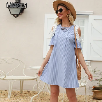 

Summer Women Dress Blue Striped Shirt Dress Off Shoulder Short Sleeve Beach Dresses 2020 Modern Sundress 2XL