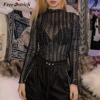 

Free Ostrich 2020 Winter Women Sexy Bodysuit Black Solid Mesh Long Sleeve Party Club Bodysuit Body For Women Short Jumpsuit N30