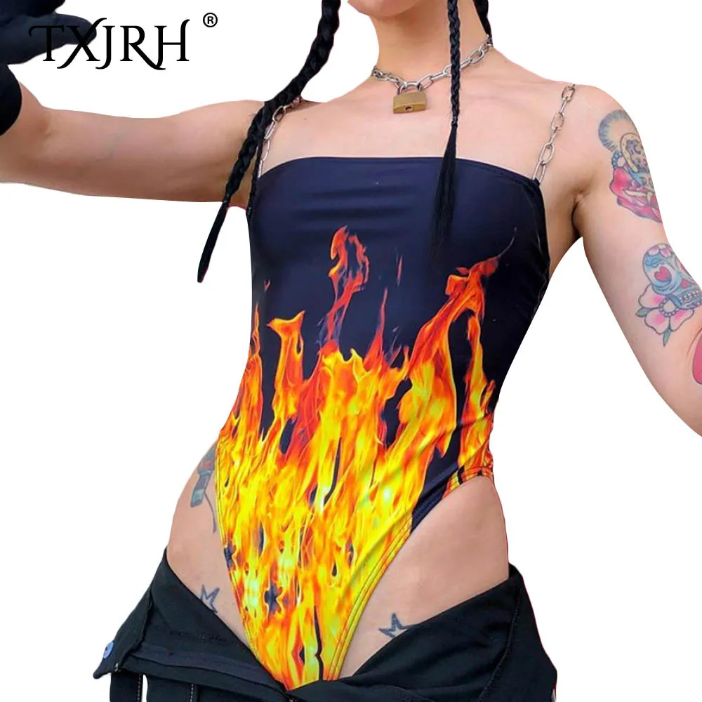 

TXJRH 2019 Sexy Fire Flame Print Chain Spaghetti Strap Backless Elastic Romper Body Siamese Bodysuit Slim Women Skinny Playsuits