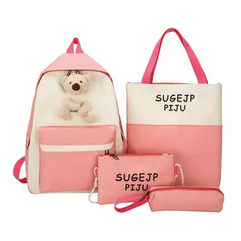 

4pcs/Set Women Backpacks Canvas Cute Bear Pattern Backpack Teenager Girls Contrast Color Letters Print Rucksack School Bags