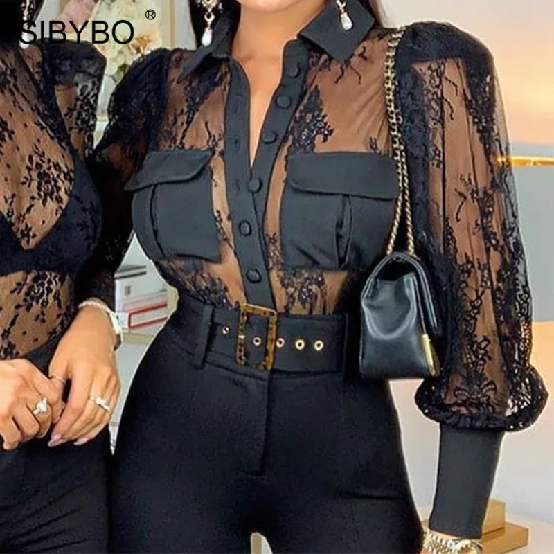  SIBYBO Transparent Mesh Sexy Shirt Women Blouse Vintage Long Sleeve Fish Net Summer Crop Top Black 