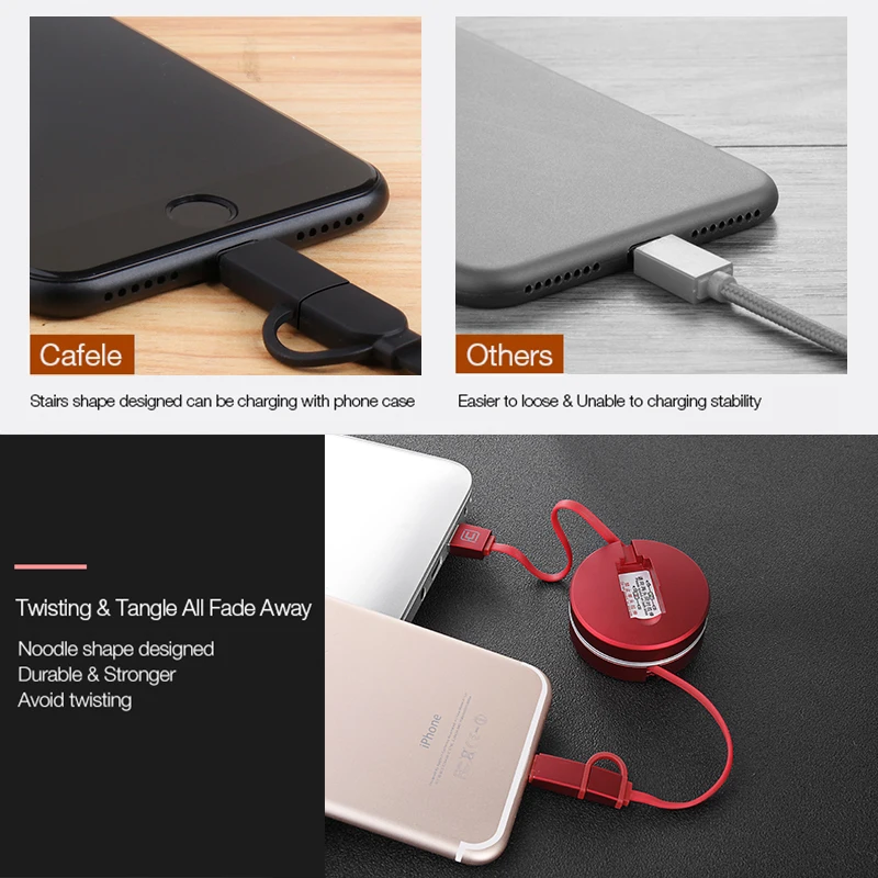 Cafele выдвижной Прочный 2 в 1 USB кабель для iPhone XS Max 8 7 6 plus Micro USB кабель для зарядки USB кабель для iPhone 6 7 8 XS