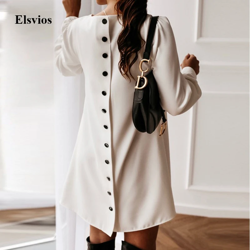 

Elegant Women Metal Buttoned Mini Dress Casual Spring O Neck Party Dress Solid Autumn Female Long Sleeve A-Line Dresses Vestidos