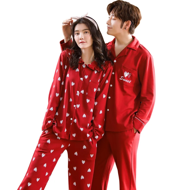 

Couple Pajamas 100% Cotton Long-Sleeved Pyjamas Men And Women Pajamas Couple Home Suit Sleep Wear