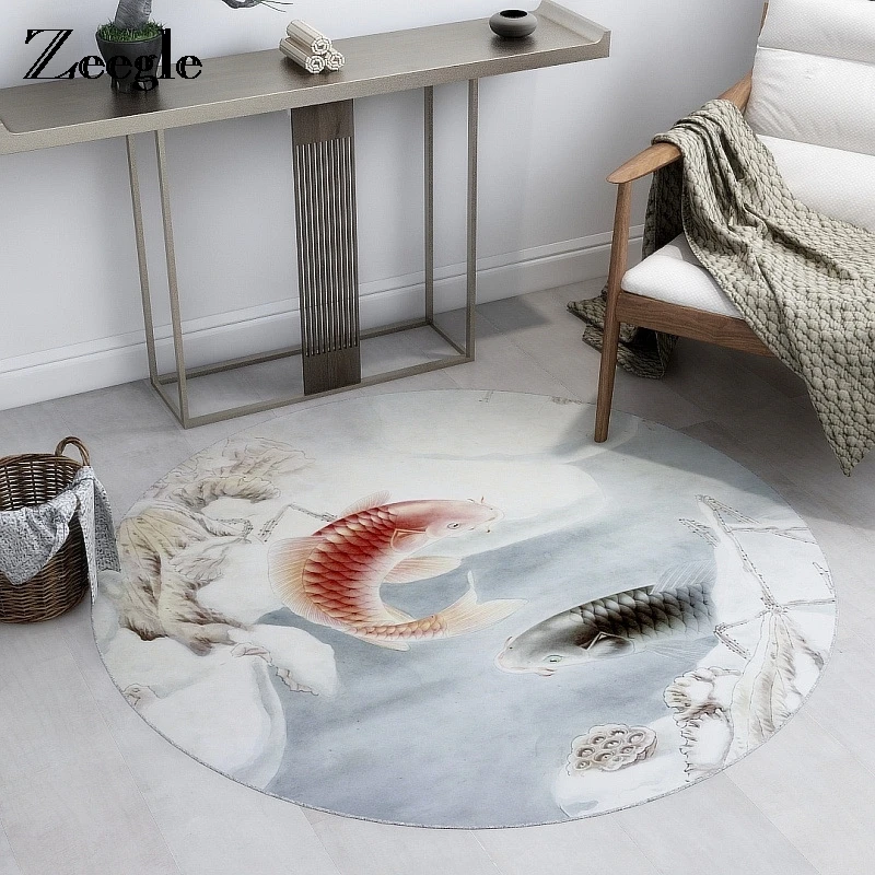 Zeegle Koi Fish Pattern Round Carpet Non-slip Carpet For Living Room Absorbent Bathroom Bath Mat Kid Bedroom Floor Mat